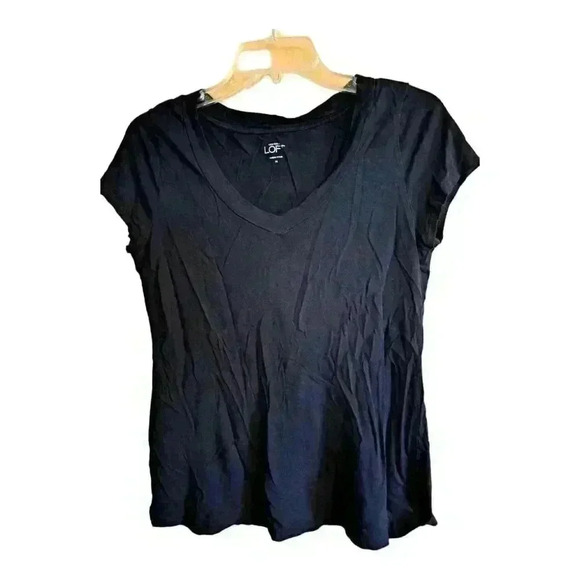 Ann Taylor LOFT Womens M Tee Shirt Black Short Cap Sleeve Top V Neck  Pullover - Picture 1 of 5